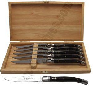Coffret Ch�ne de 6 couteaux Laguiole corne noire